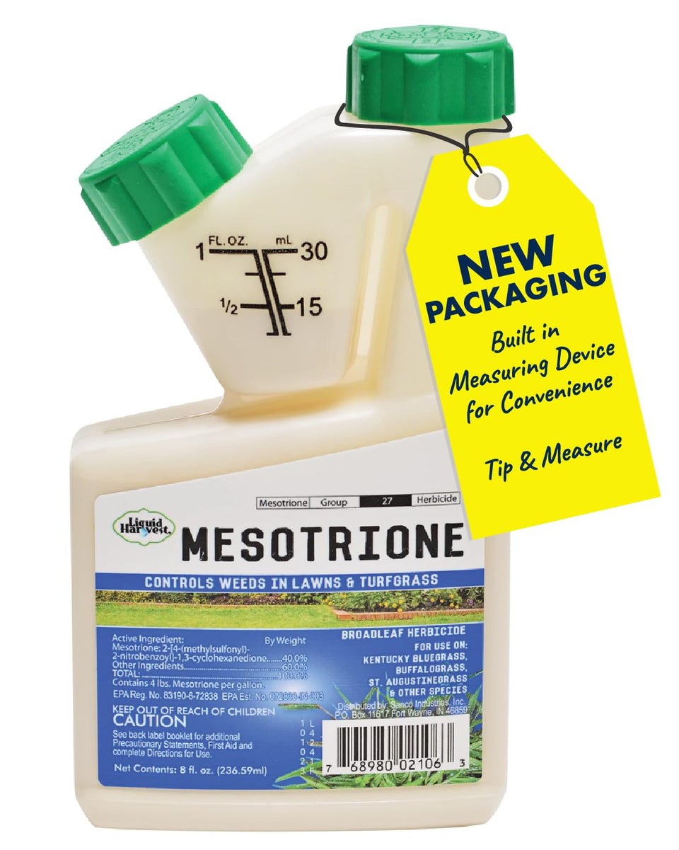 Liquid Harvest Mesotrione bottle shown for lawn weed control.