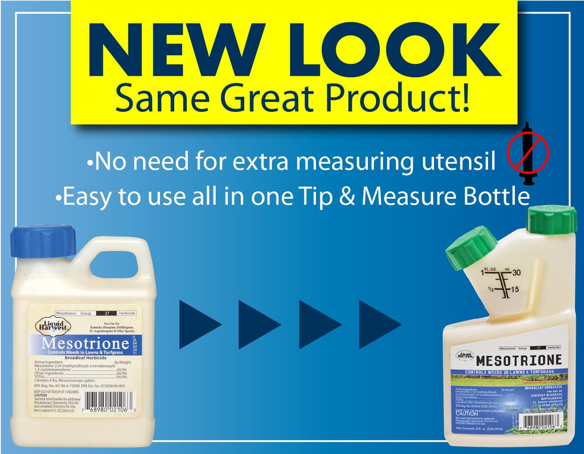 Liquid Harvest Mesotrione label displays concentrate details for lawn use.