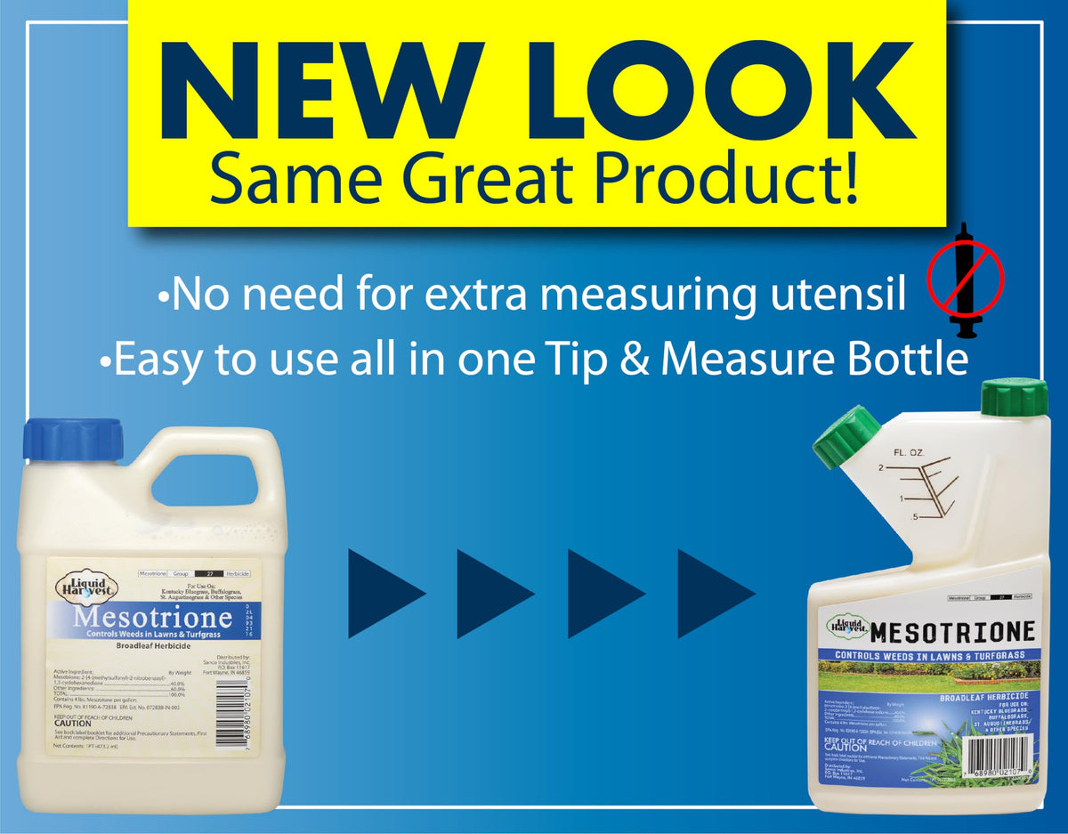 Liquid Harvest Mesotrione on a healthy lawn scene highlights weed-free potential.