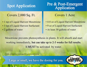 Liquid Harvest Mesotrione weed germination prevention illustration communicates proactive control.
