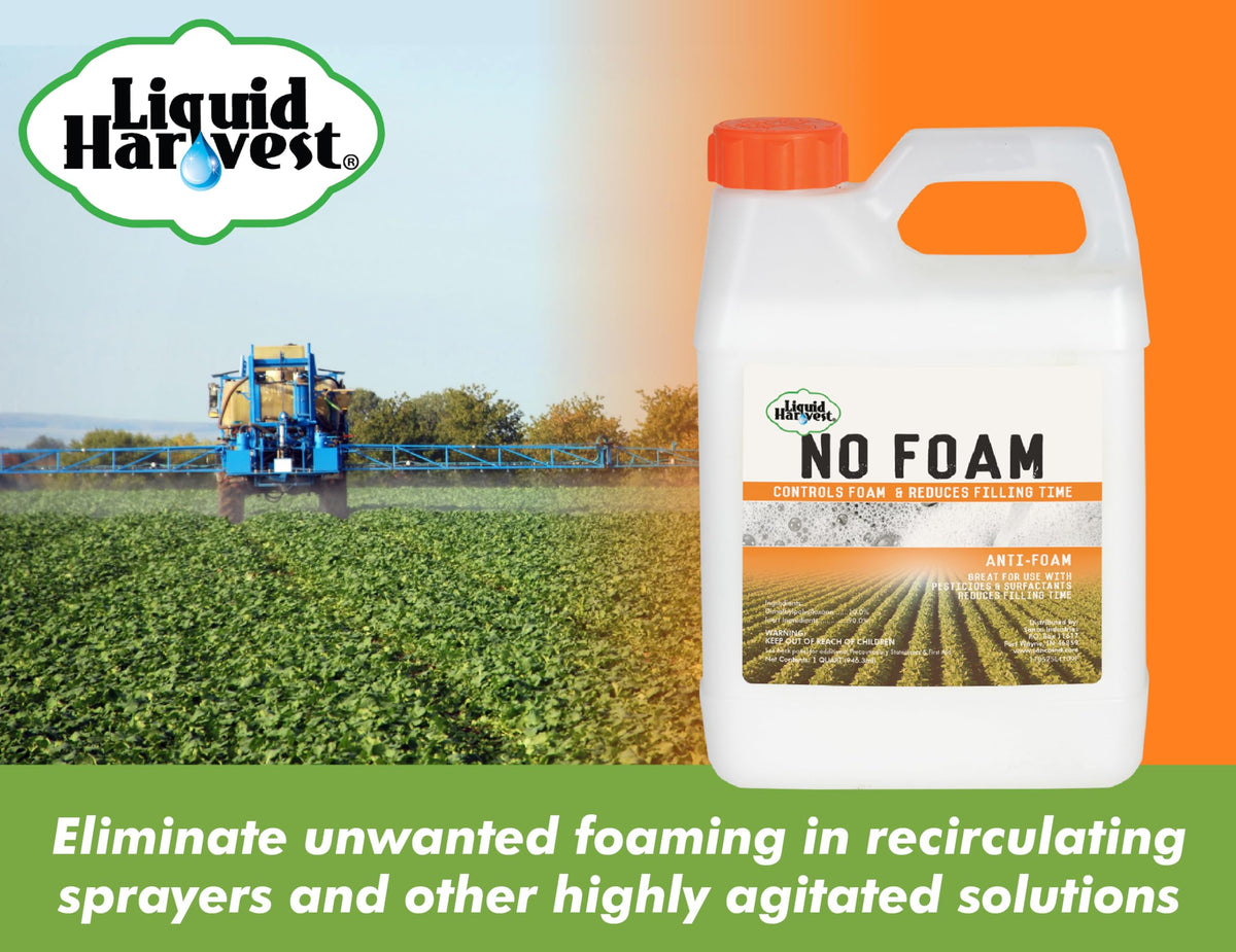 Liquid Harvest No Foam action in a spray tank reduces foaming during mixing.
