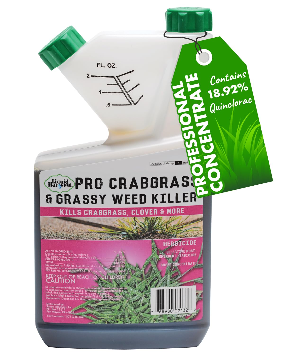 Liquid Harvest Pro crabgrass weed killer bottle pour for quick lawn treatment