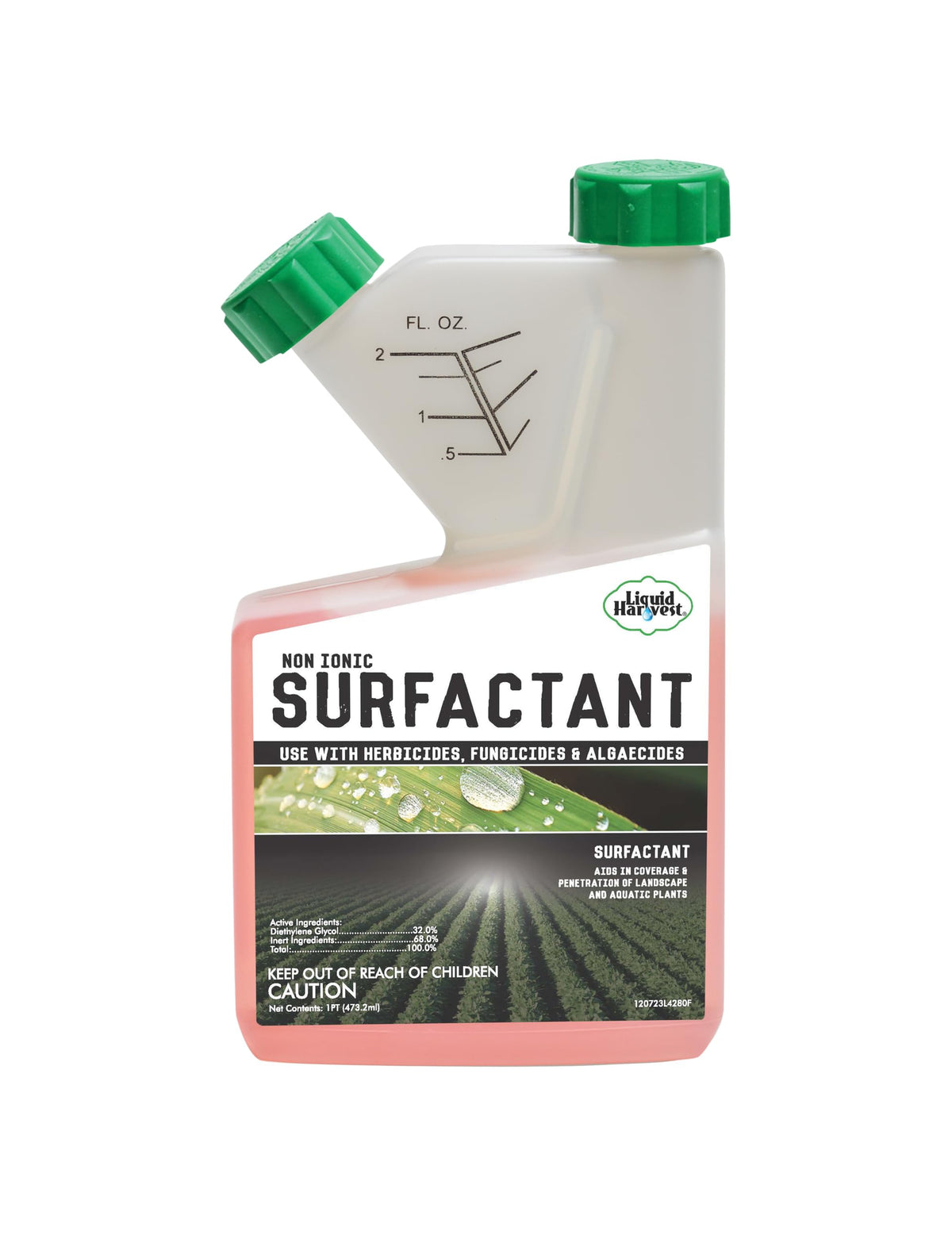 Liquid Harvest concentrated surfactant bottle boosts herbicide spread on leaves