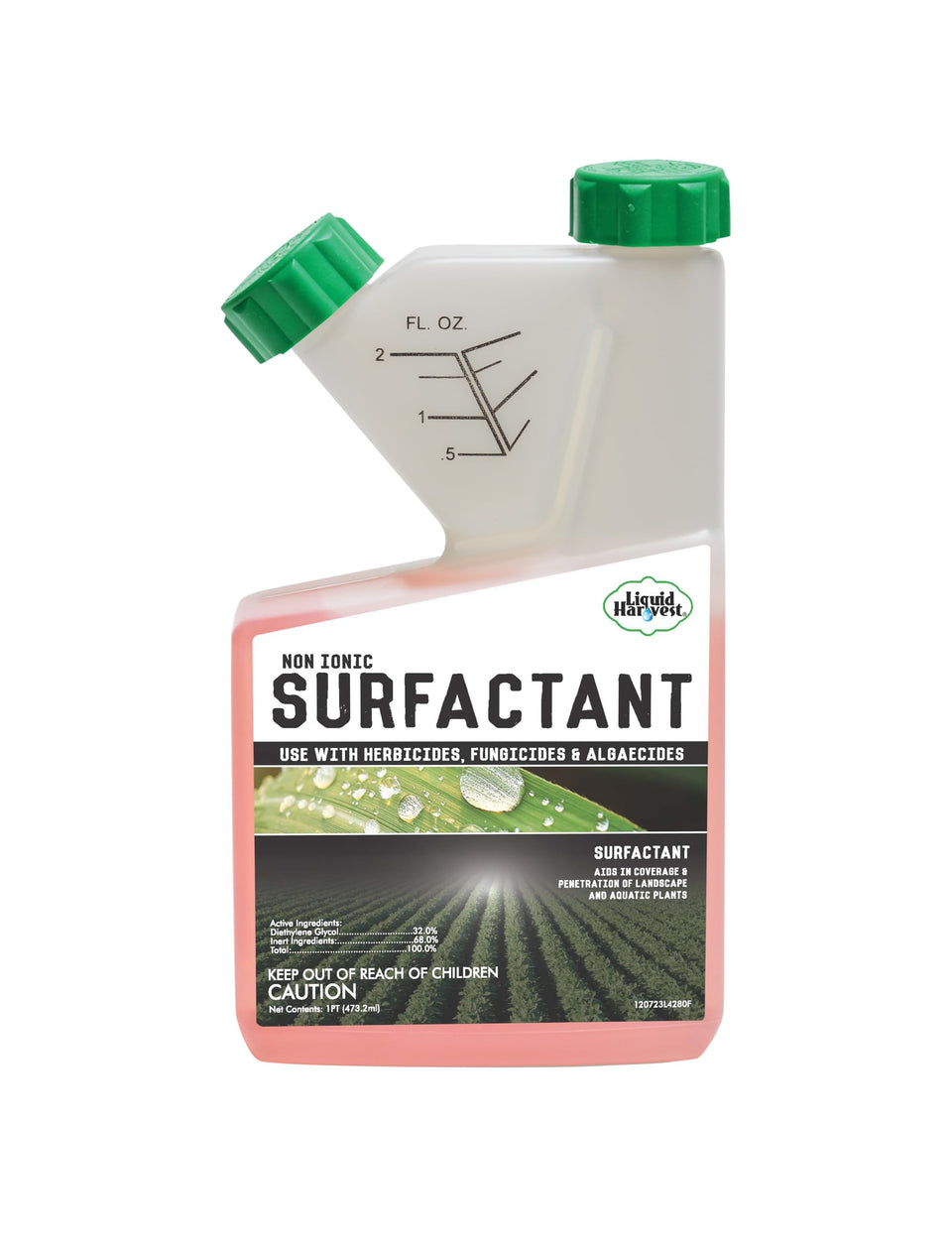 Liquid Harvest concentrated surfactant bottle boosts herbicide spread on leaves