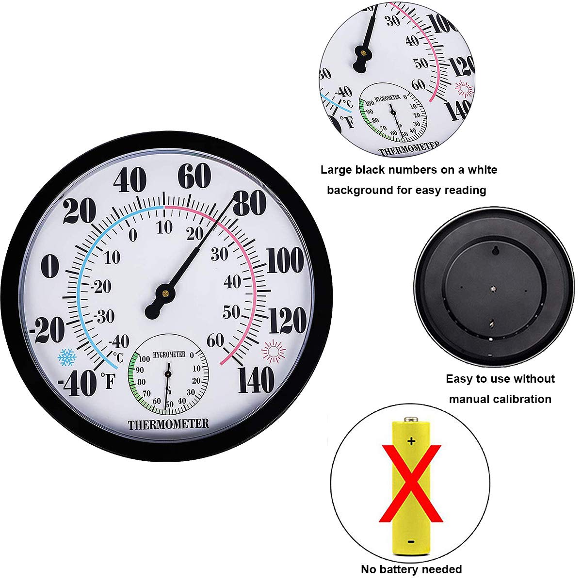 Lirches thermometer hygrometer dial close-up showing precise readings without power