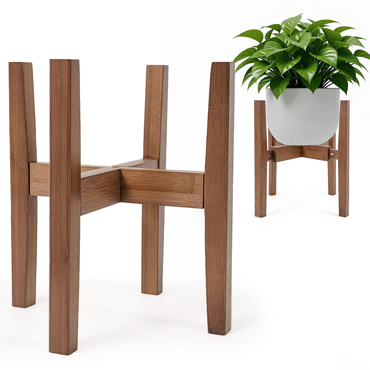 Lissomballon bamboo plant stand with adjustable width for 8-12 inch pots.