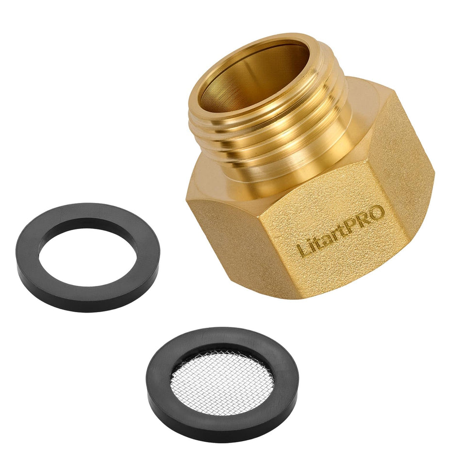 LitartPRO brass adapter close-up shows 3/4 GHT to 1 NPT threads for a tight seal.
