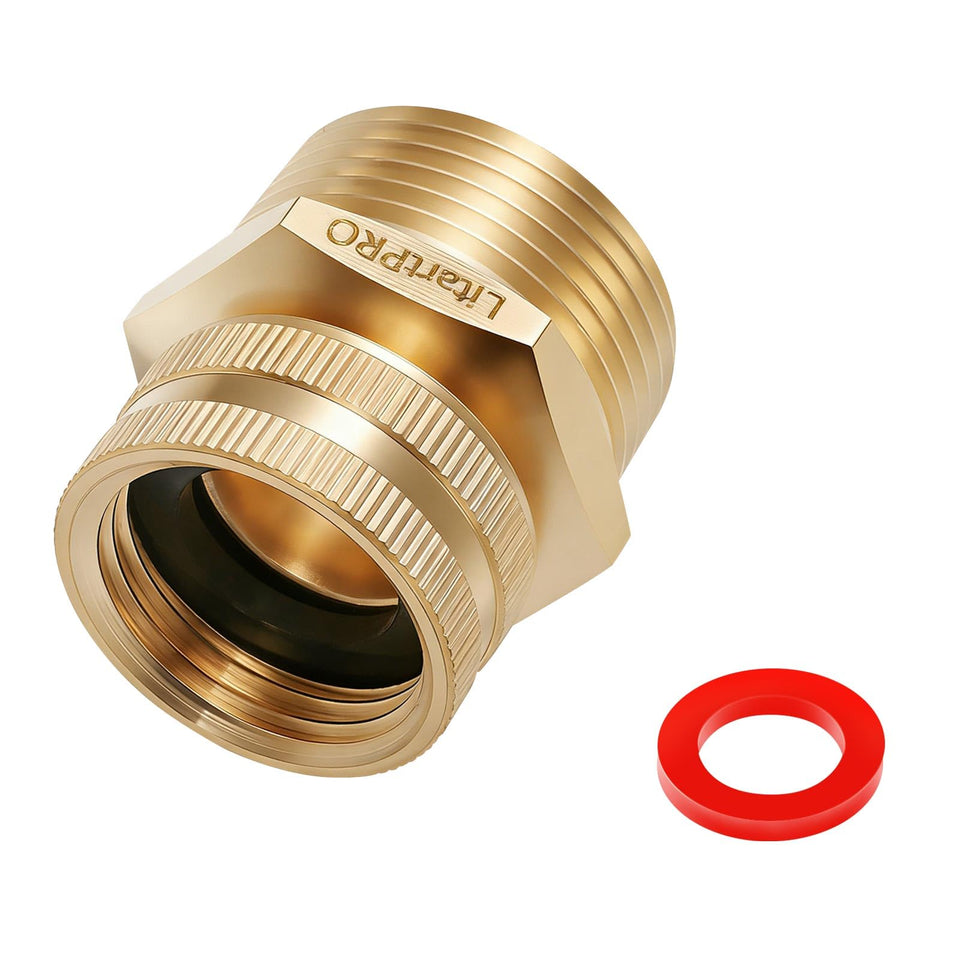 LitartPRO brass adapter showing 3/4 GHT to 1-inch NPT swivel for easy hose connection