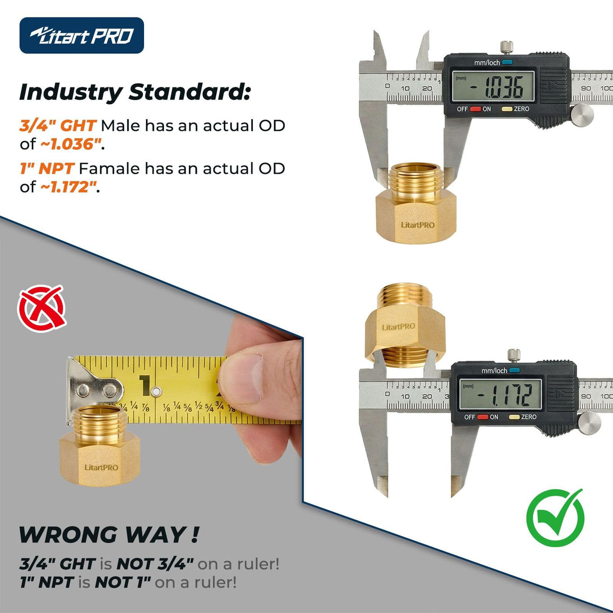 LitartPRO brass adapter close-up highlights precise threading for secure, leak-free connections.