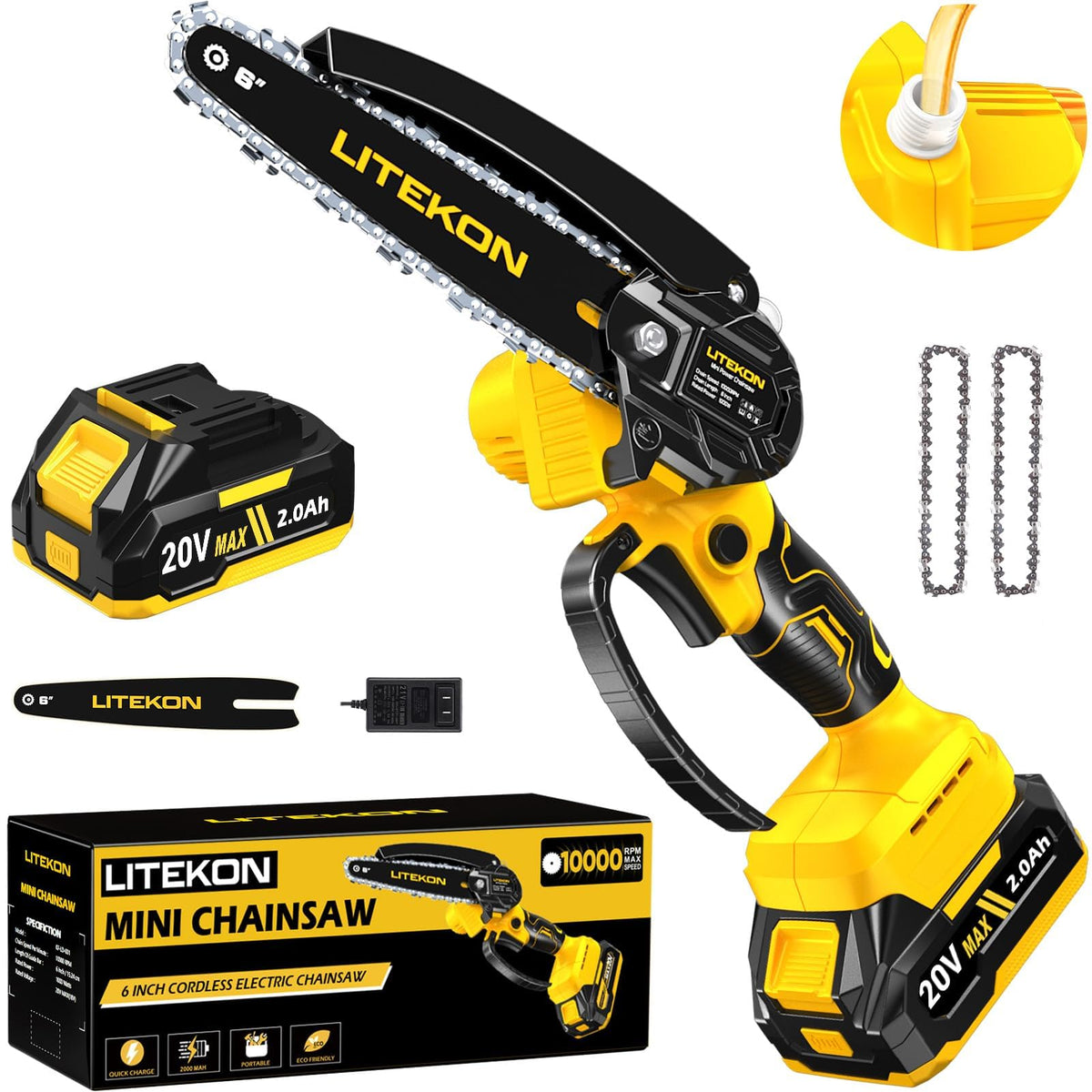 Litekon cordless mini chainsaw demonstrates rapid 6-inch wood cutting for faster yard tasks.