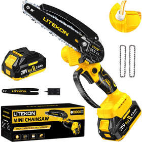 Litekon cordless mini chainsaw demonstrates rapid 6-inch wood cutting for faster yard tasks.