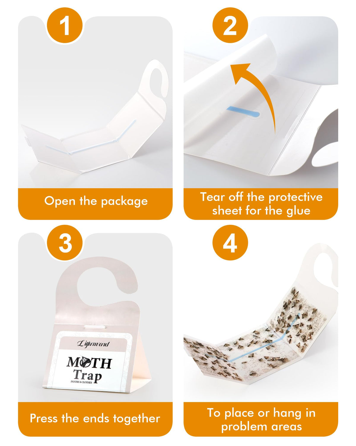 Litfurward pantry moth traps hanging in closet demonstrate easy placement