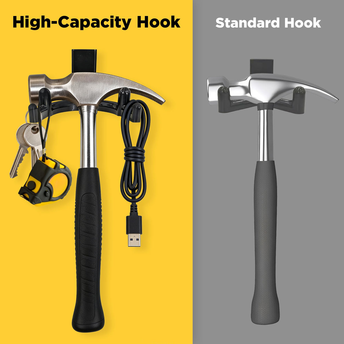 LitGURU double-headed hook design for maximum wall storage efficiency.