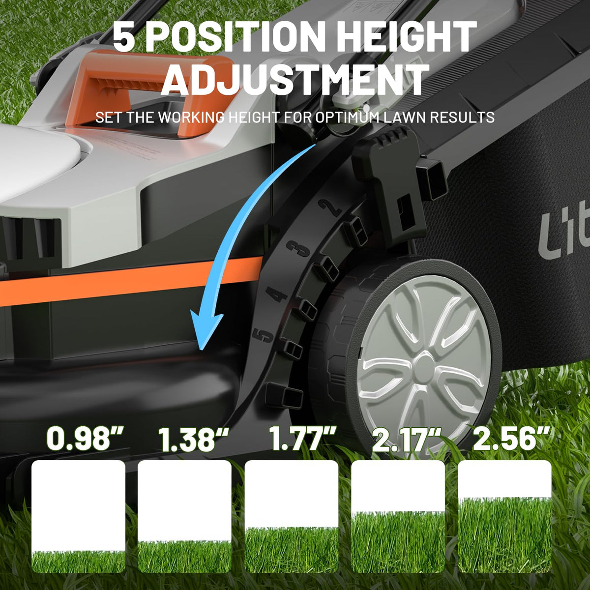 LiTHELi electric lawn mower with 13-in cutting width for precise mowing.