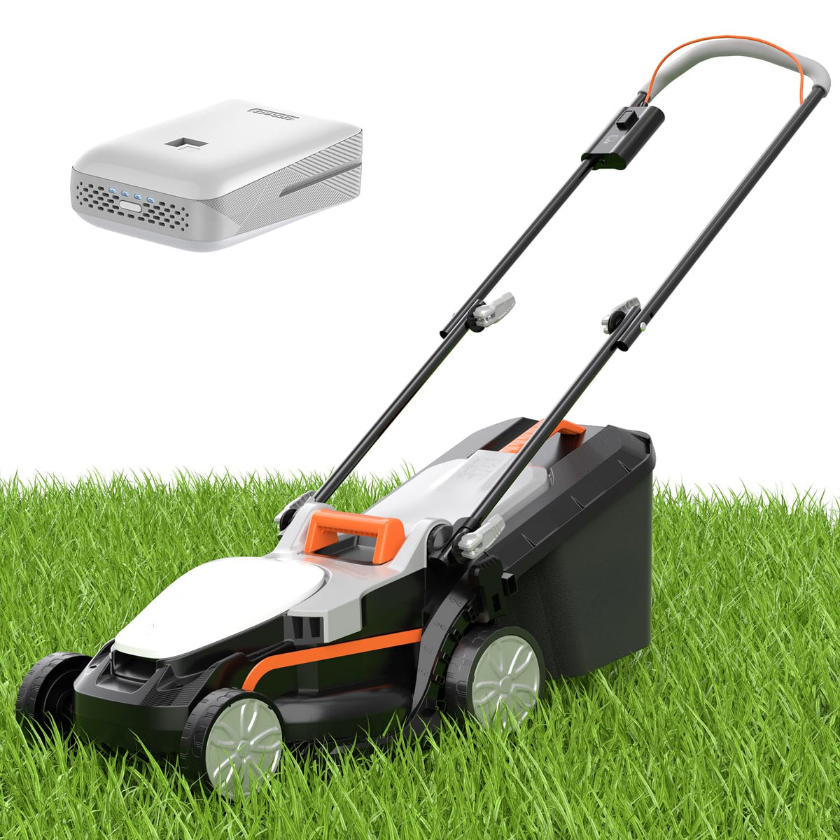 LiTHELi electric lawn mower front view showing compact design for small yards.