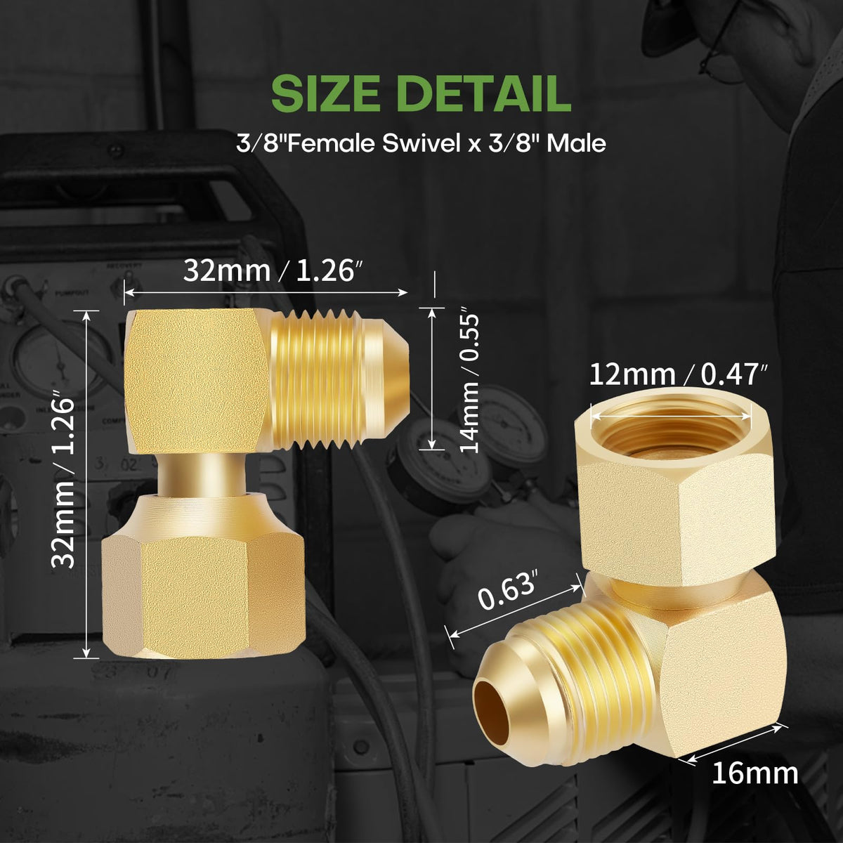 LitOrange 3/8in female to 3/8in male flare elbow for propane installations.