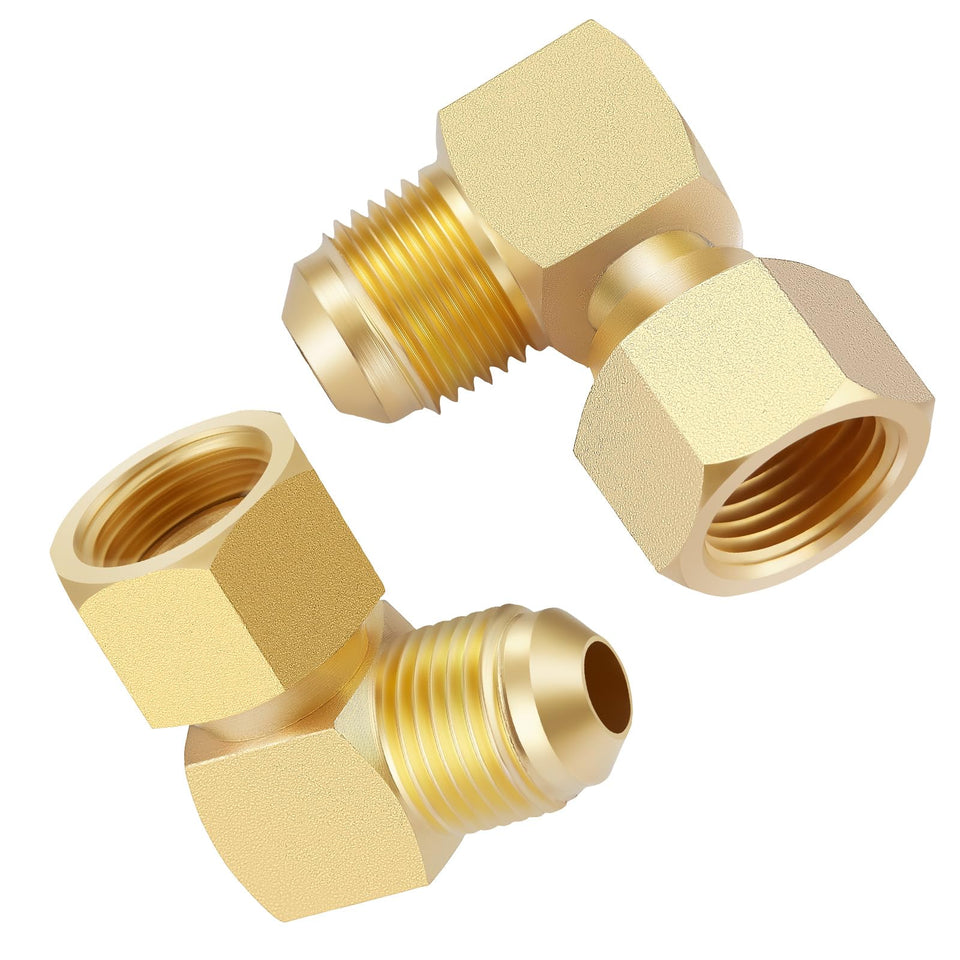 LitOrange 90° brass elbow connector for propane gas routing and flare connections.