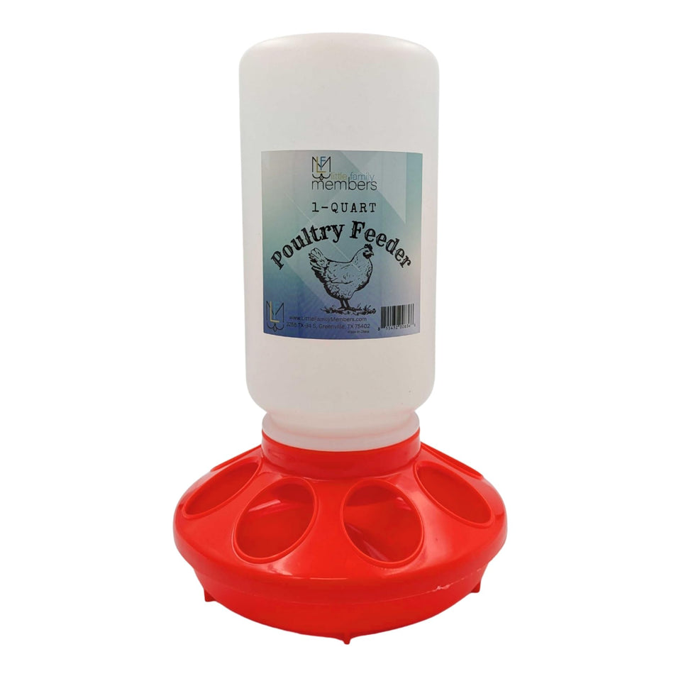 Little Family Members Chick Feeder 1-quart capacity keeps baby chicks fed.