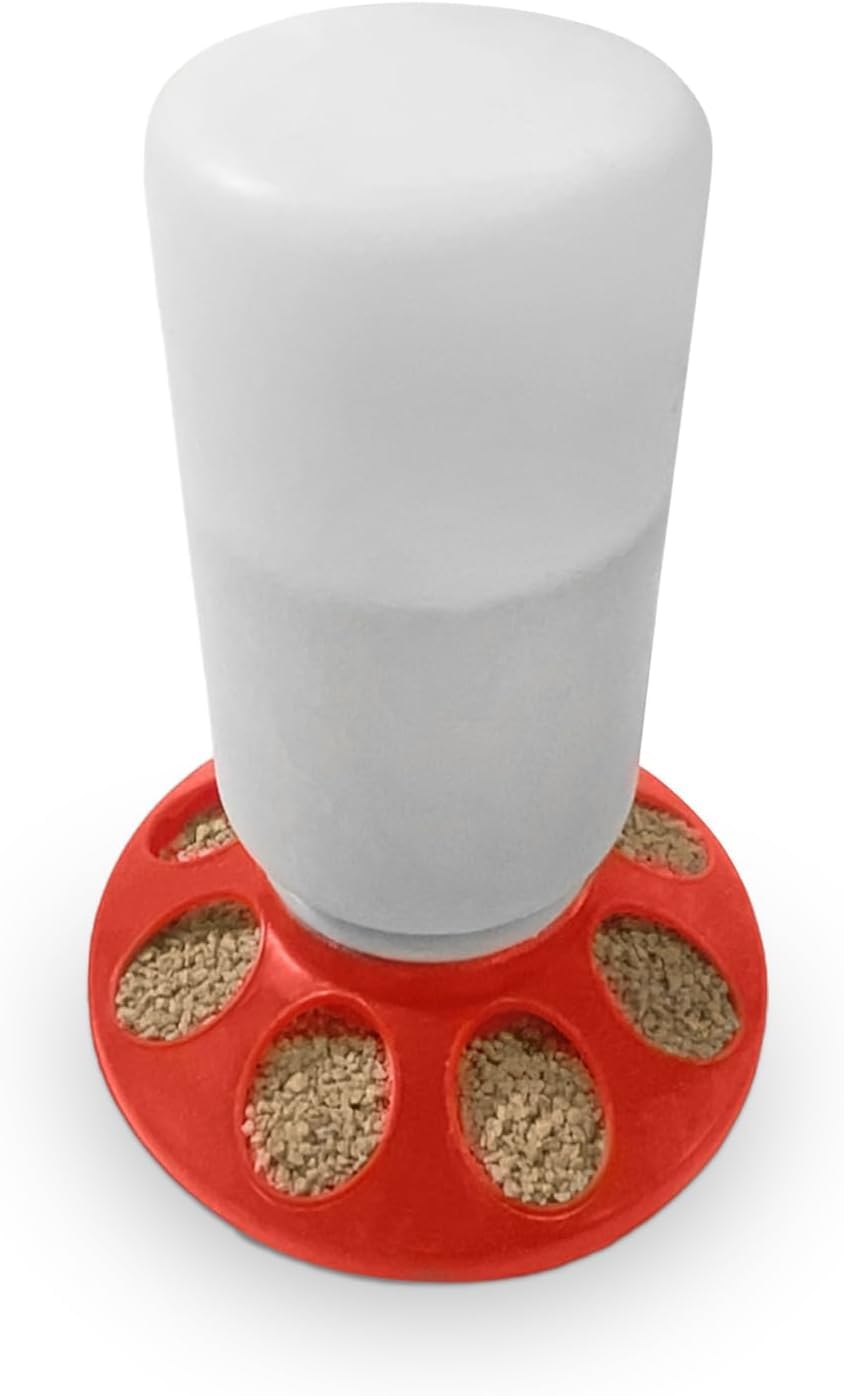 Little Family Members Chick Feeder semi-transparent body for easy feed monitoring.