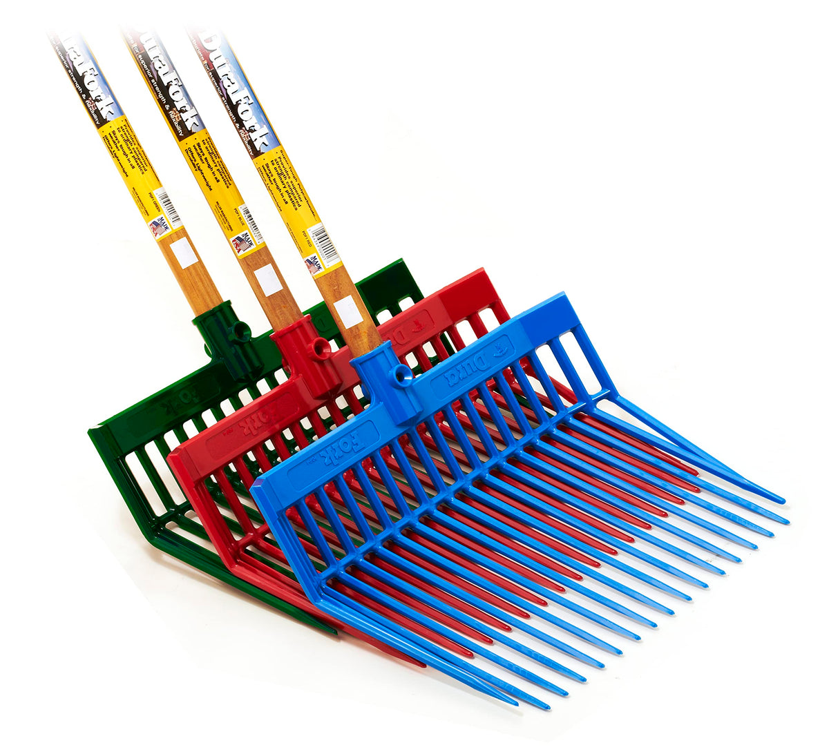 Little Giant DuraFork bedding forks 3-pack in blue, green, pink for easy manure and compost handling