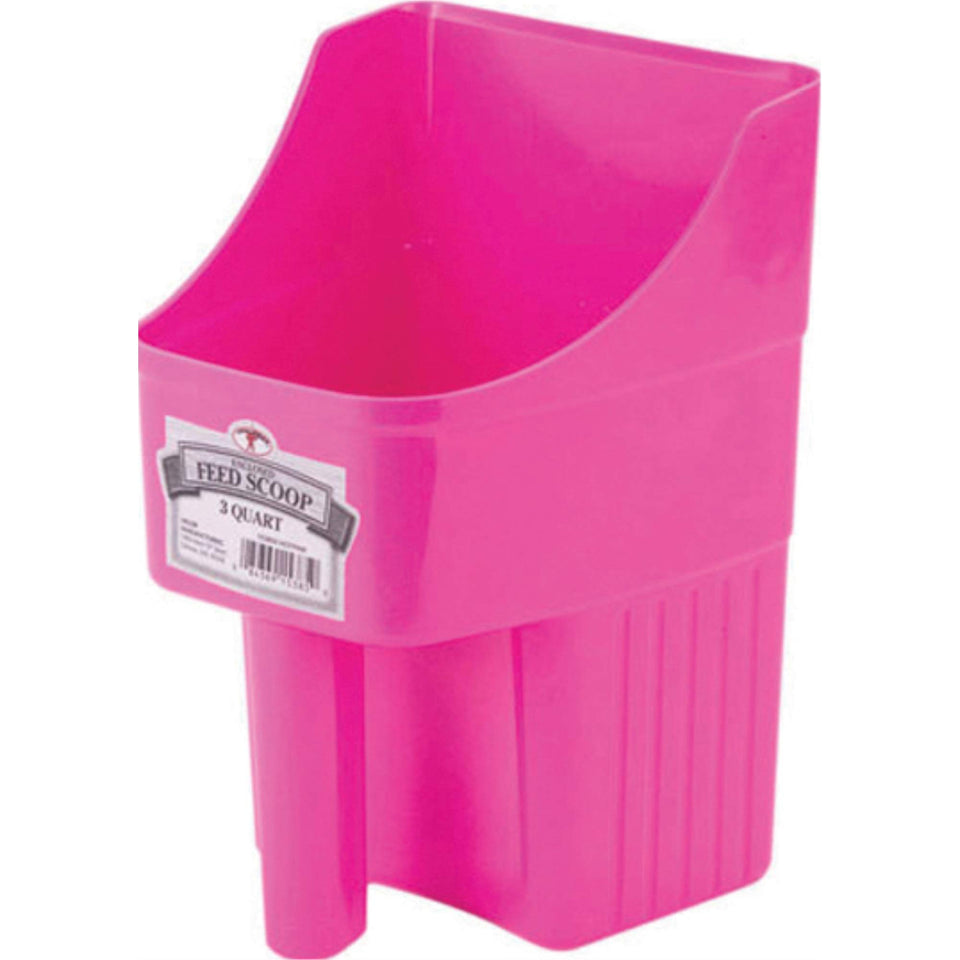 Little Giant enclosed feed scoop in hot pink with spill-resistant design and 3-quart capacity.