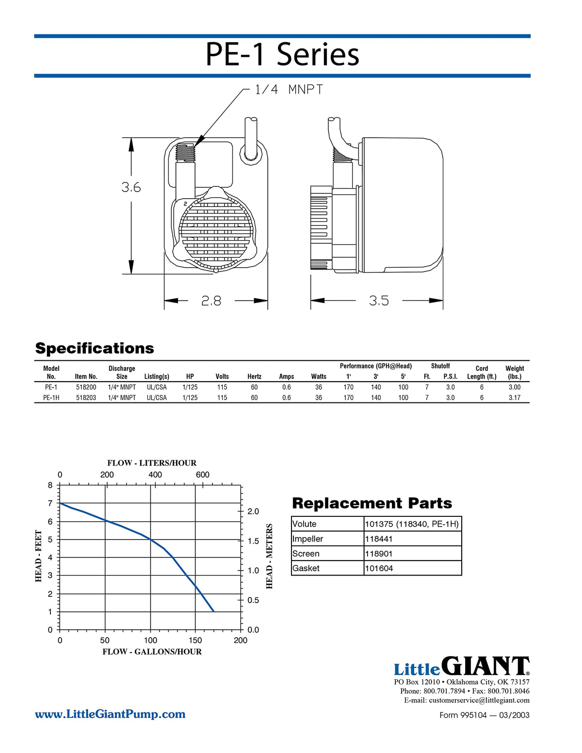Little Giant PE-1 ideal for fountains, air conditioners, and light industrial tasks.