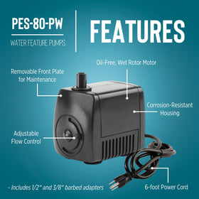 Little Giant PES-80-PW submerged in water illustrating small fountain setup.