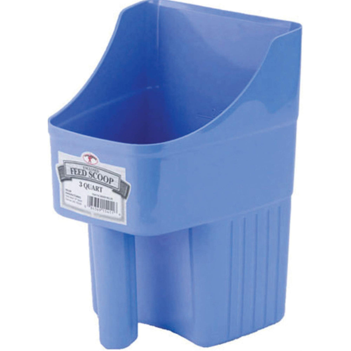 Little Giant plastic enclosed feed scoop in berry blue with measured 3-quart capacity for mess-free feeding.