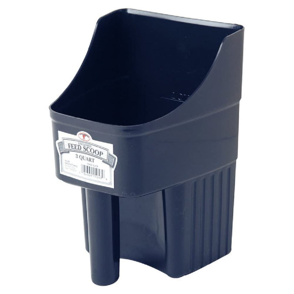Little Giant plastic enclosed feed scoop featuring measure marks to reduce spill and speed feeding.