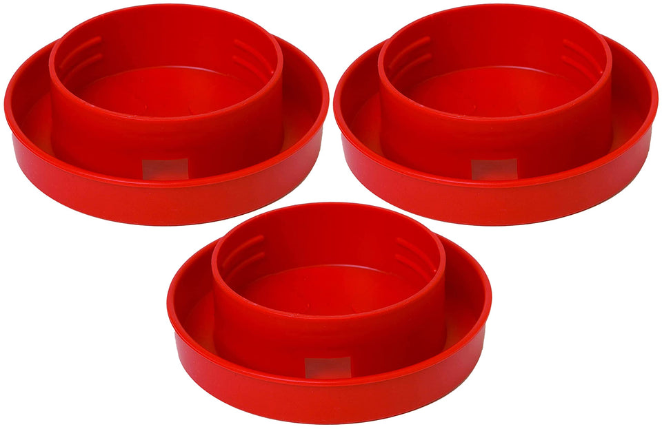 Little Giant quail waterer base with narrow channel in red for precise chick hydration.