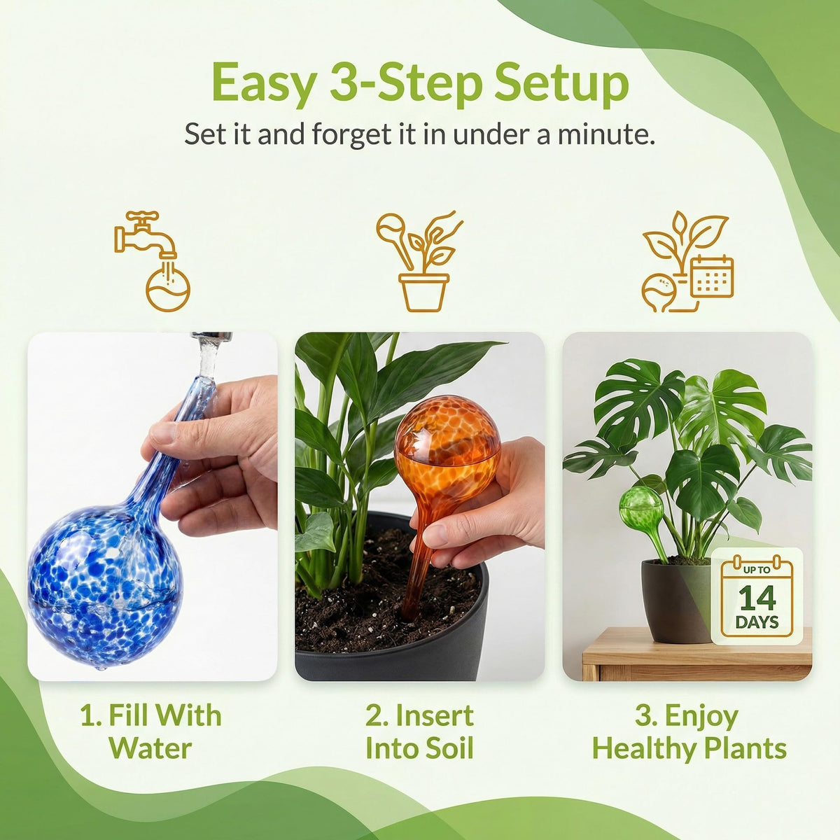 Little Green Leaf eco-friendly glass watering system helps prevent overwatering and conserve water.
