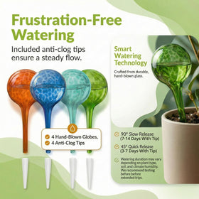 Little Green Leaf set of 4 watering globes displayed on balcony planter.