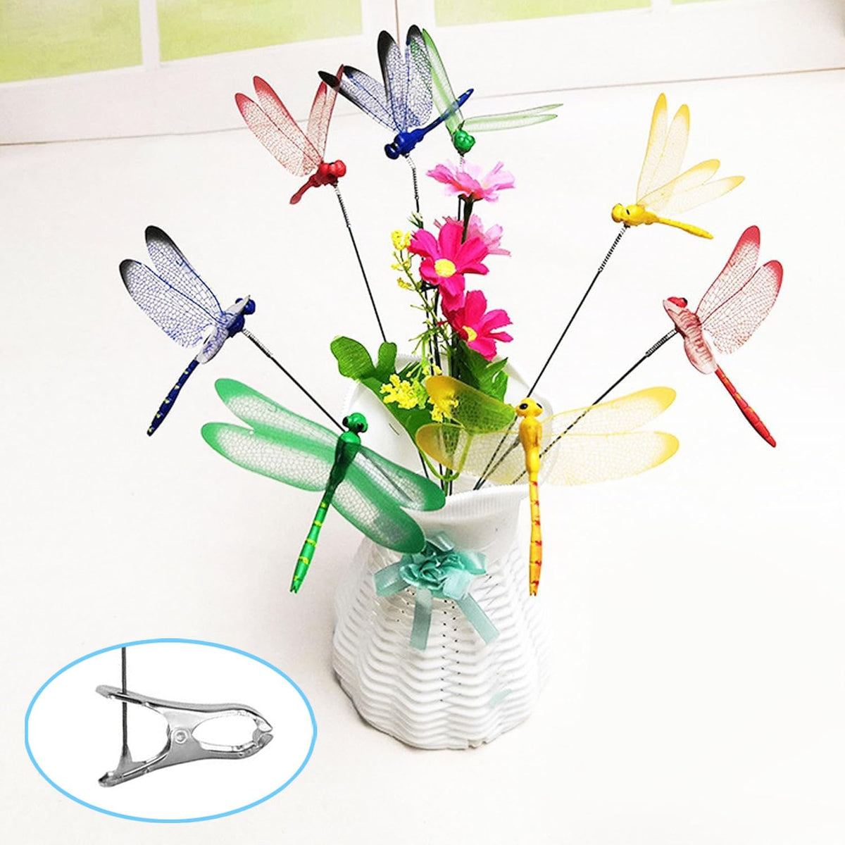 Little Syohe dragonfly clip red adds vibrant planters accent.