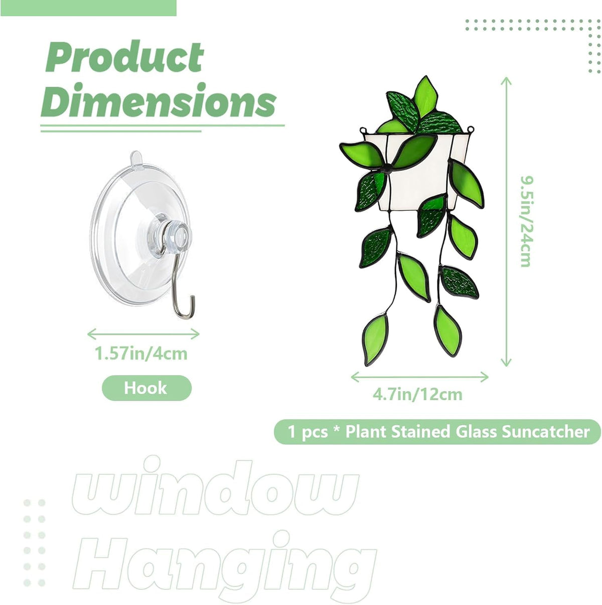 LittleVoleSherry green plant stained-glass sun catcher panel adding color to a bright window.