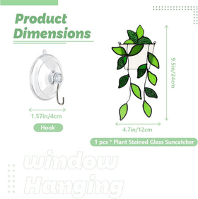 LittleVoleSherry green plant stained-glass sun catcher panel adding color to a bright window.