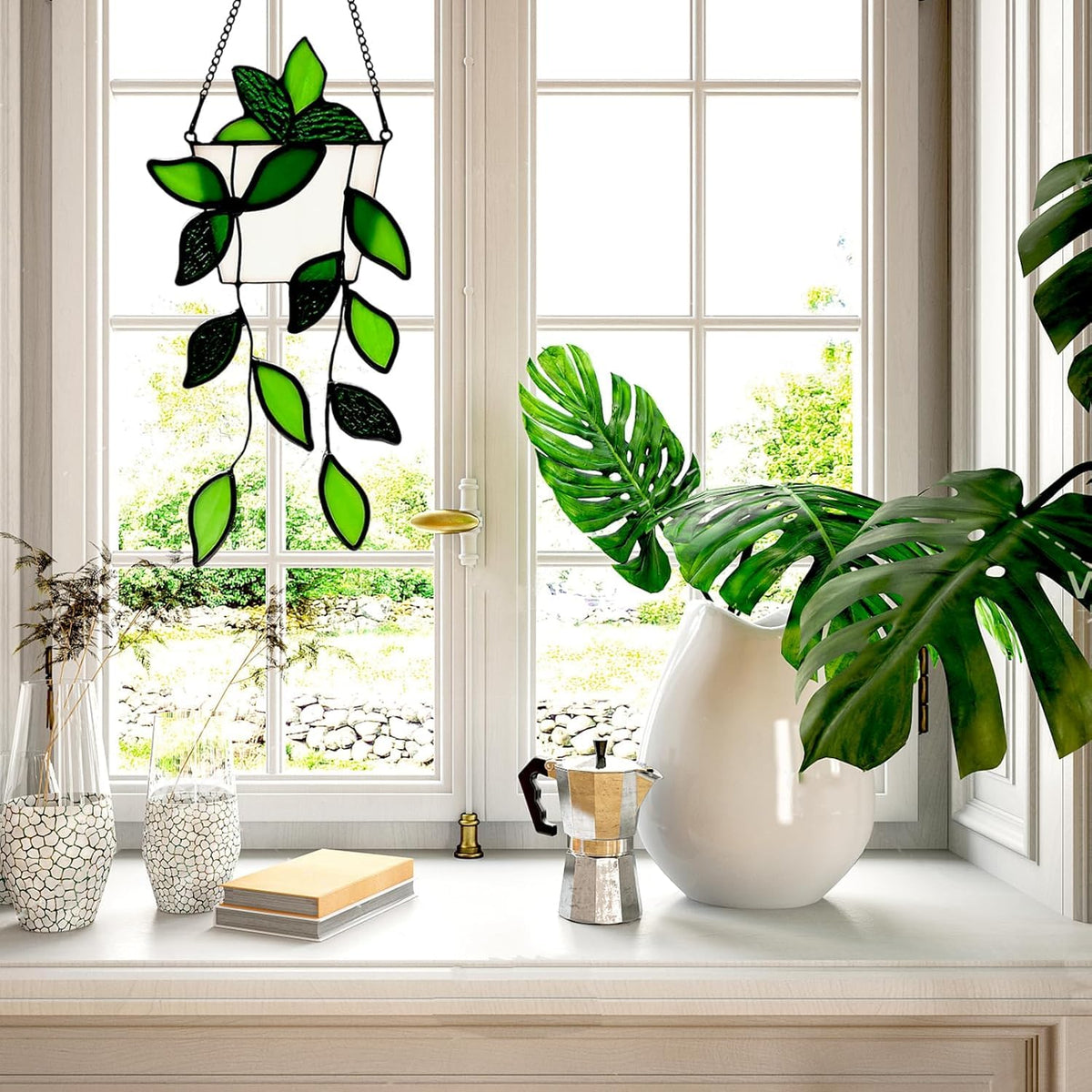 LittleVoleSherry green plant window decoration stained glass adds color to space.