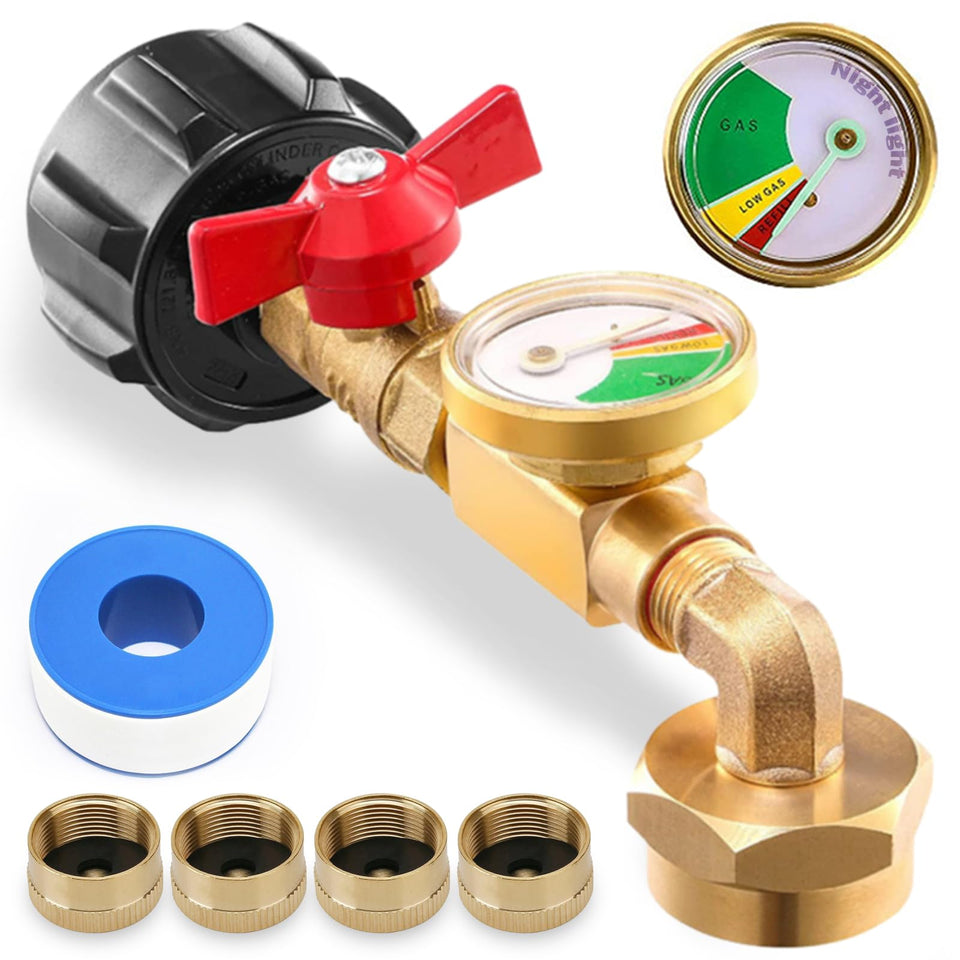 Liucocotos propane adapter side view highlights solid brass reliability for outdoor use.