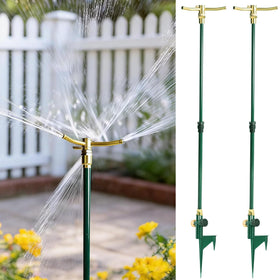 LIULO TOOL 2-pack 3-arm garden sprinkler in action, wide lawn coverage.