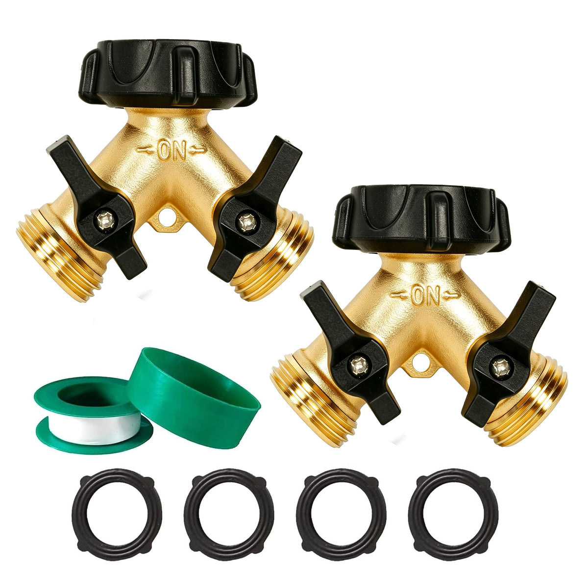 LIULO TOOL brass hose splitter 2-way front view with dual outlets
