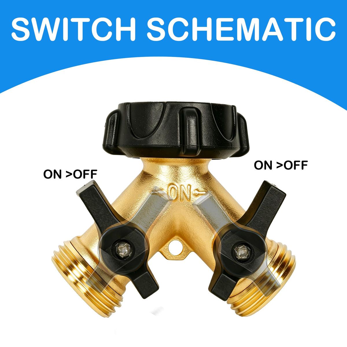 LIULO TOOL brass hose splitter back view with ABS shut-off switch