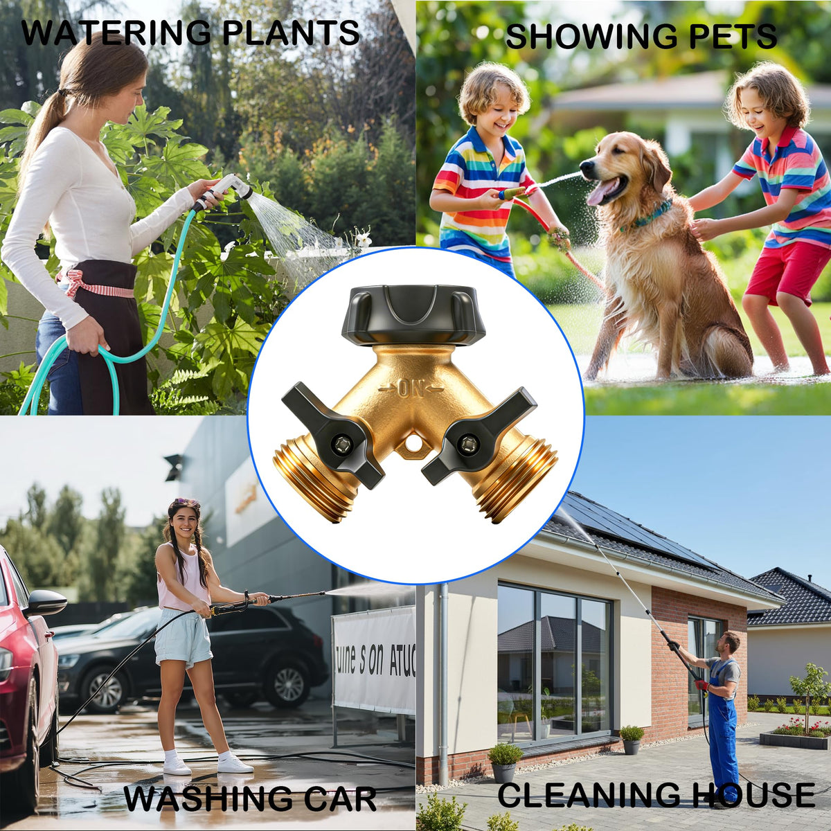 LIULO TOOL brass hose splitter in garden setting with two hoses connected