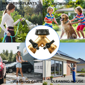 LIULO TOOL brass hose splitter in garden setting with two hoses connected
