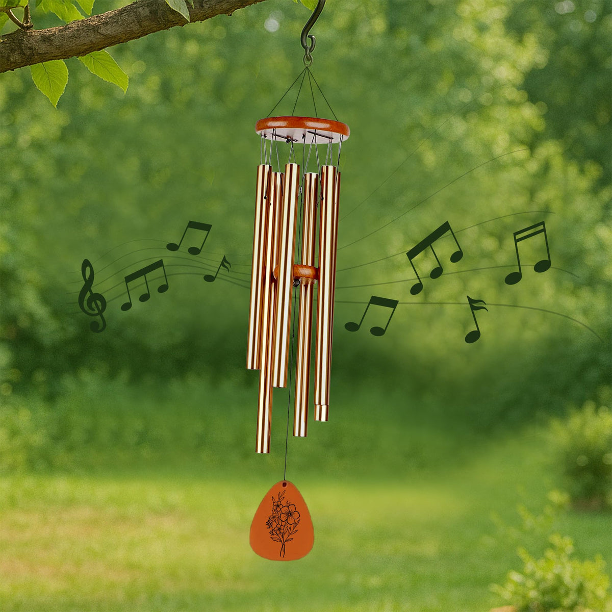 Livinges wind chime closeup shows wood grain and polished tubes