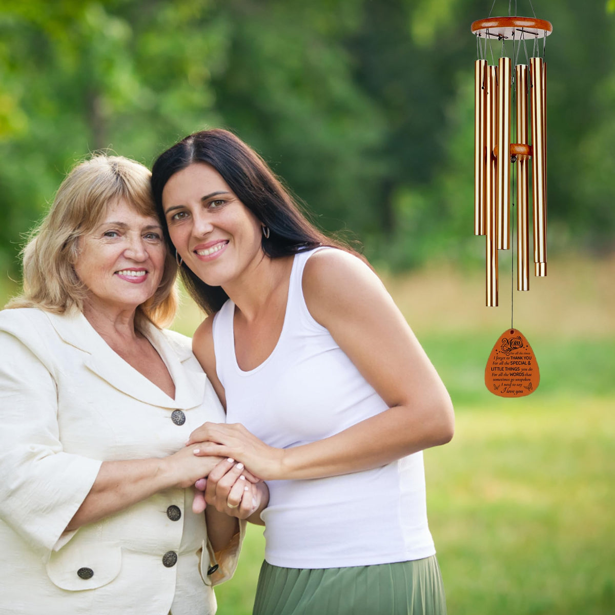 Livinges six gold-tubes wind chimes create soft soothing tones in any outdoor space.