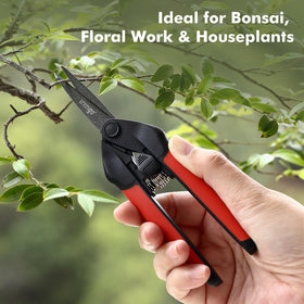 LIVINGO bonsai trimming with durable blades close-up.