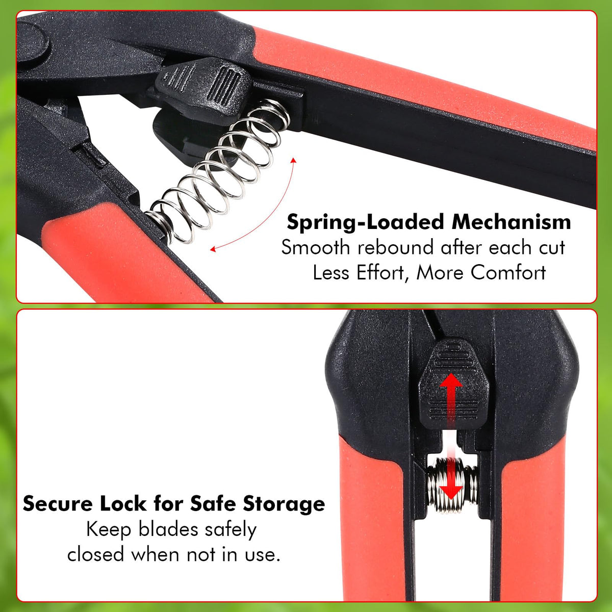 LIVINGO teflon-coated blades close-up prevent sap buildup.