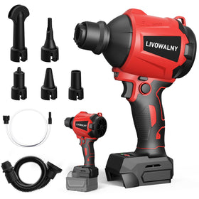 LIVOWALNY cordless air blower shown with Milwaukee battery for quick surface cleaning
