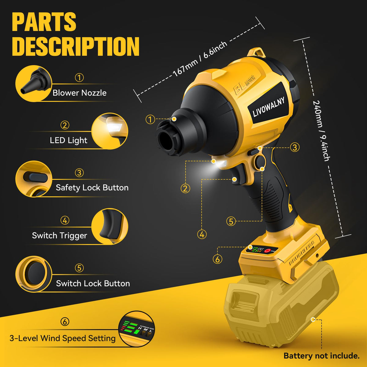LIVOWALNY dust blower compatible with Dewalt 20V batteries for outdoor work
