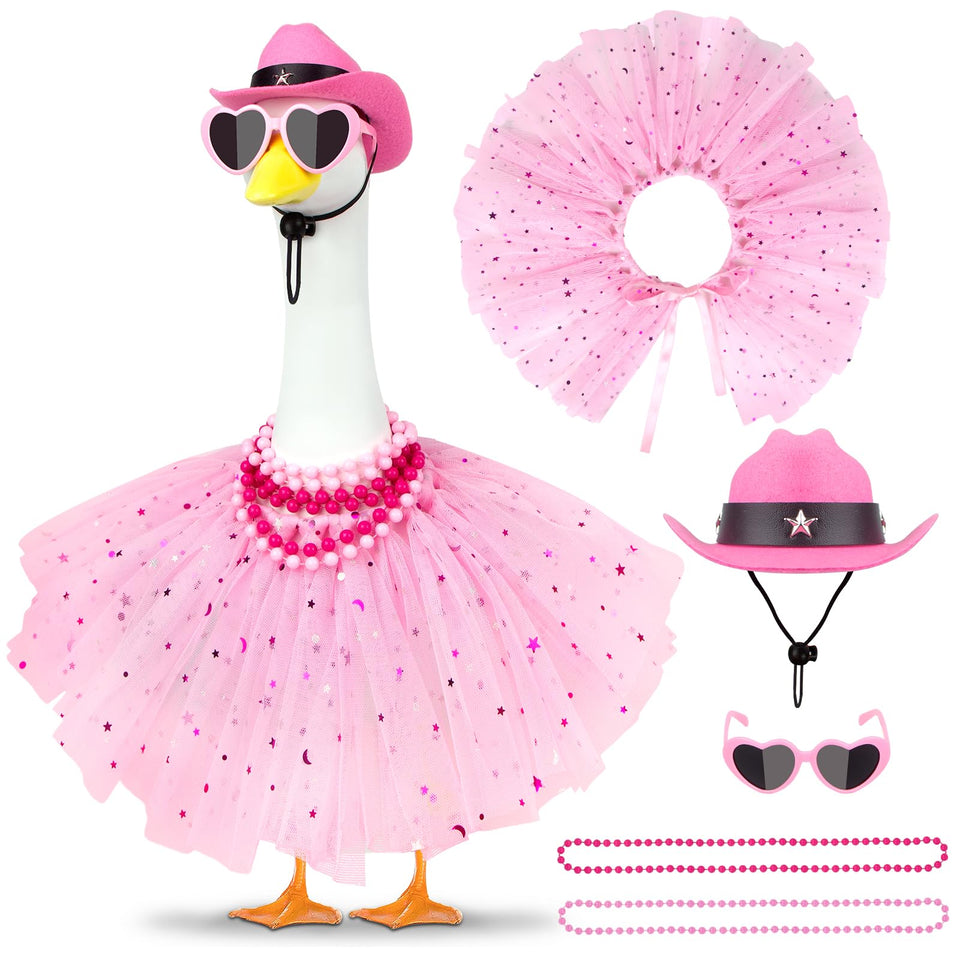 Lixintray Princess Porch Goose Outfit with pink tutu on a garden goose for charming porch decor.
