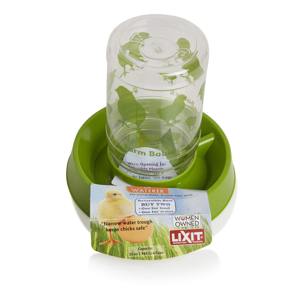 Lixit Baby Chick Feeder-Waterer dual-use base setup for easy feeding and watering.